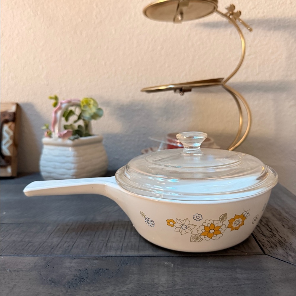 Vintage Corningware Floral White Saucepan with Glass Lid